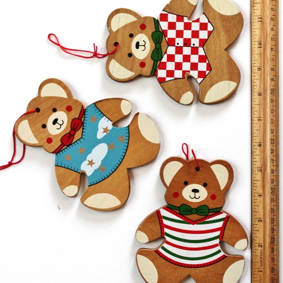XMAS Ornaments Vintage Wood Teddy Bears Set of 3 MCM Made in Taiwan Cottagecore - Picture 8 of 8